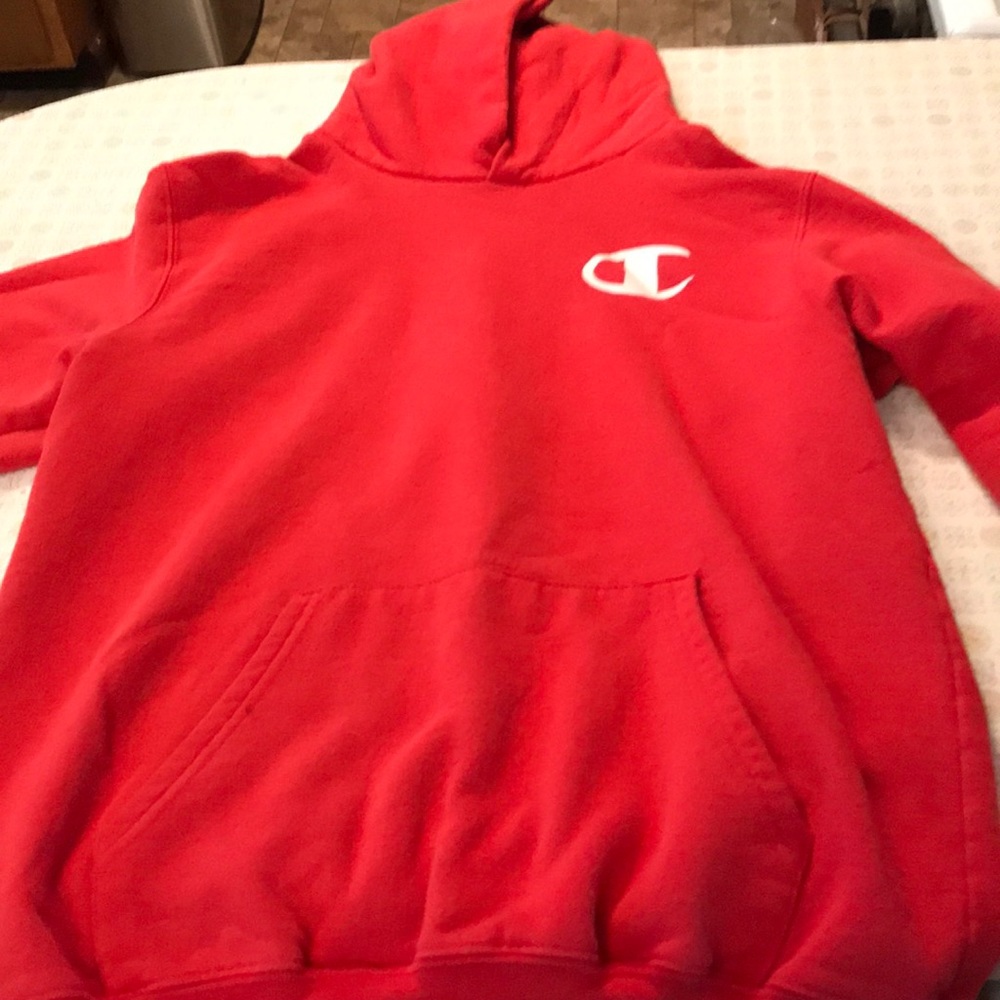 Red champion hoodie, size youth large